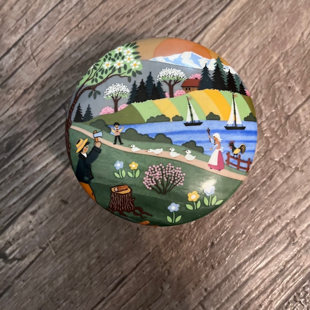 Reutter Porzellan West Germany Folk Art Village Round Trinket Box Naive Art